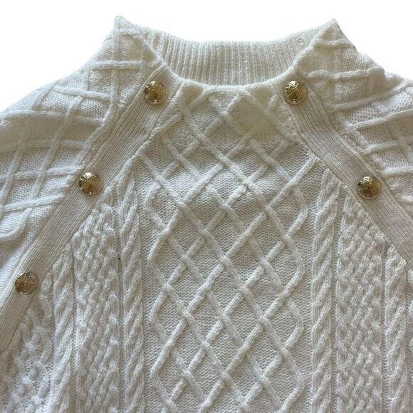 New Talbots Mock Neck Winter White Cable Knit Sweater Women’s Large Fisherman - Picture 2 of 6